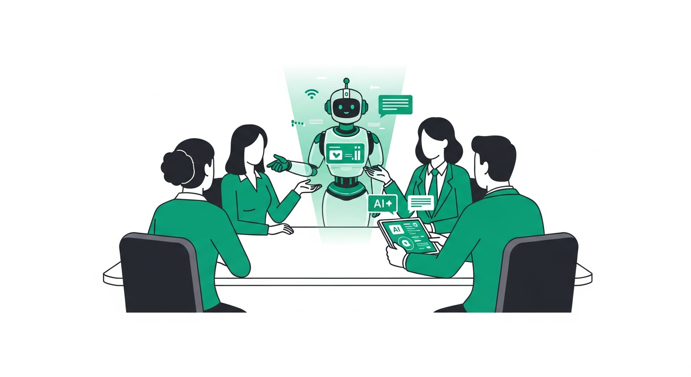 Minh hoạ năm người họp quanh bàn, giữa bàn là hình chiếu robot AI đang trả lời các bóng thoại