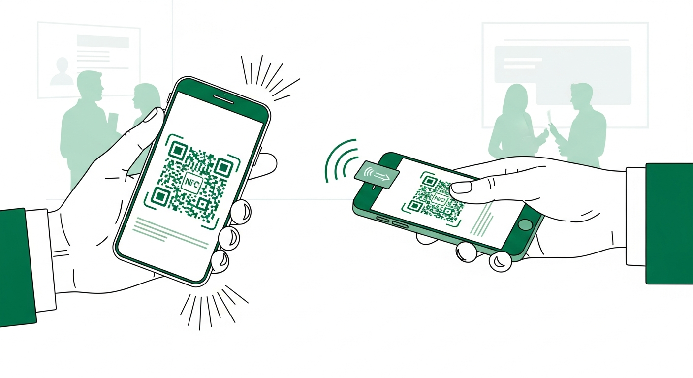 Minh hoạ hai người trao danh thiếp số: mỗi điện thoại hiện một mã QR, kèm thẻ NFC phát sóng ở giữa