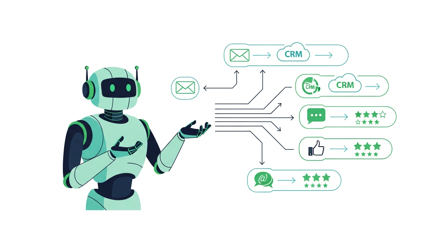 Minh hoạ robot AI phân nhánh công việc tới email, CRM và các luồng đánh giá phản hồi của khách