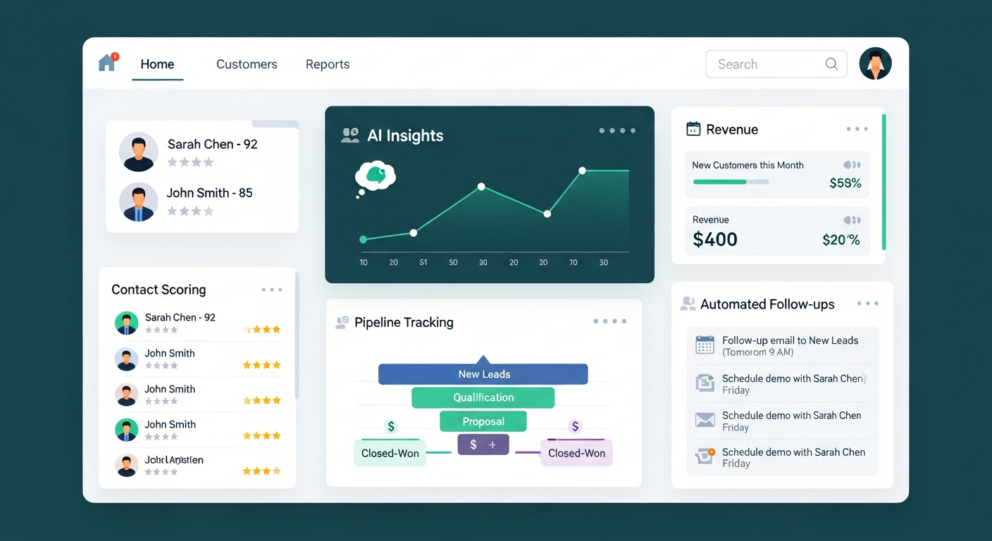 Ảnh mô phỏng giao diện CRM: biểu đồ AI Insights, danh sách chấm điểm liên hệ, phễu pipeline và nhắc việc theo dõi tự động