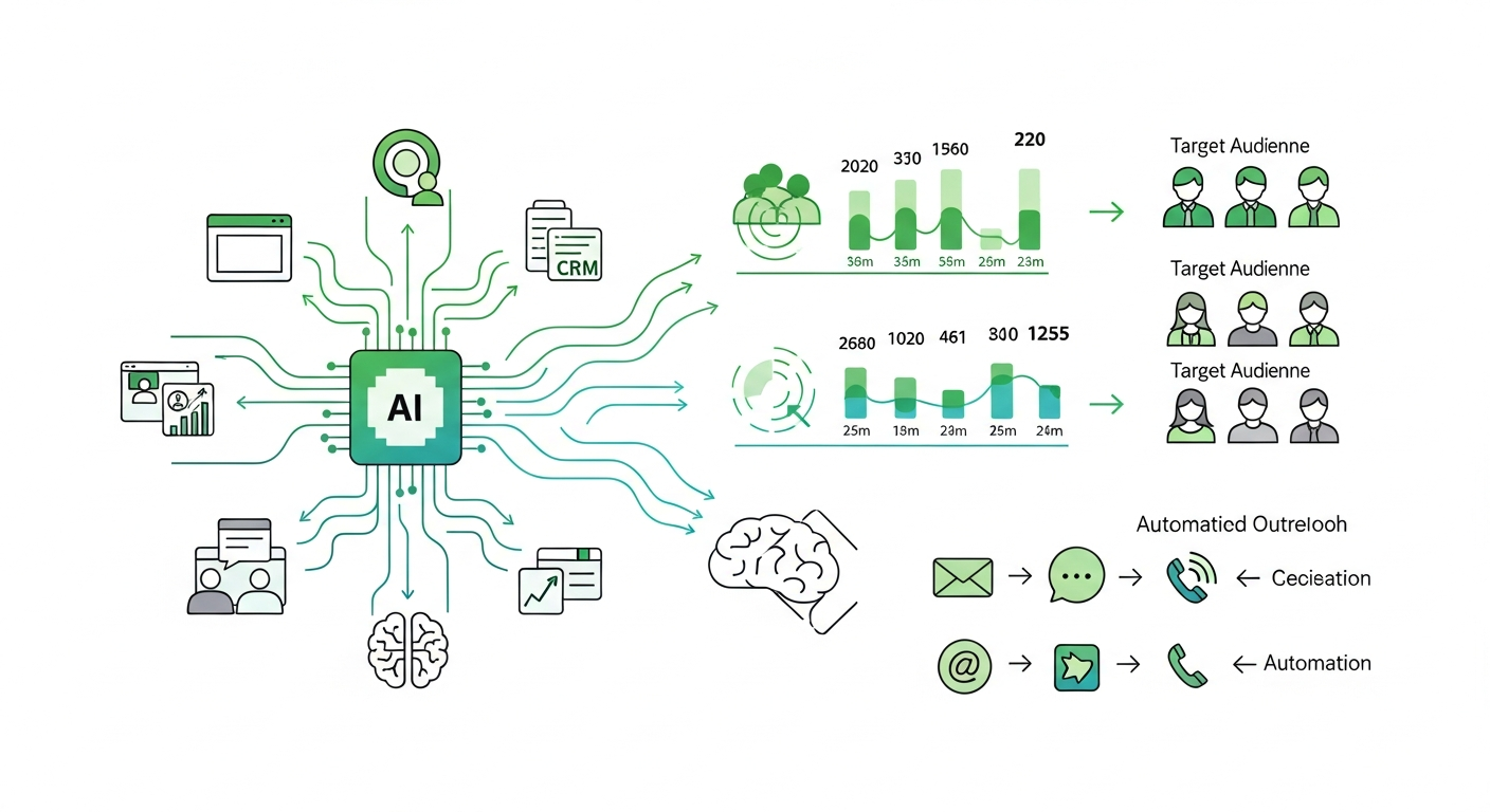 Illustration of an AI chip routing data into charts and grouped audience figures, with email and call outreach steps
