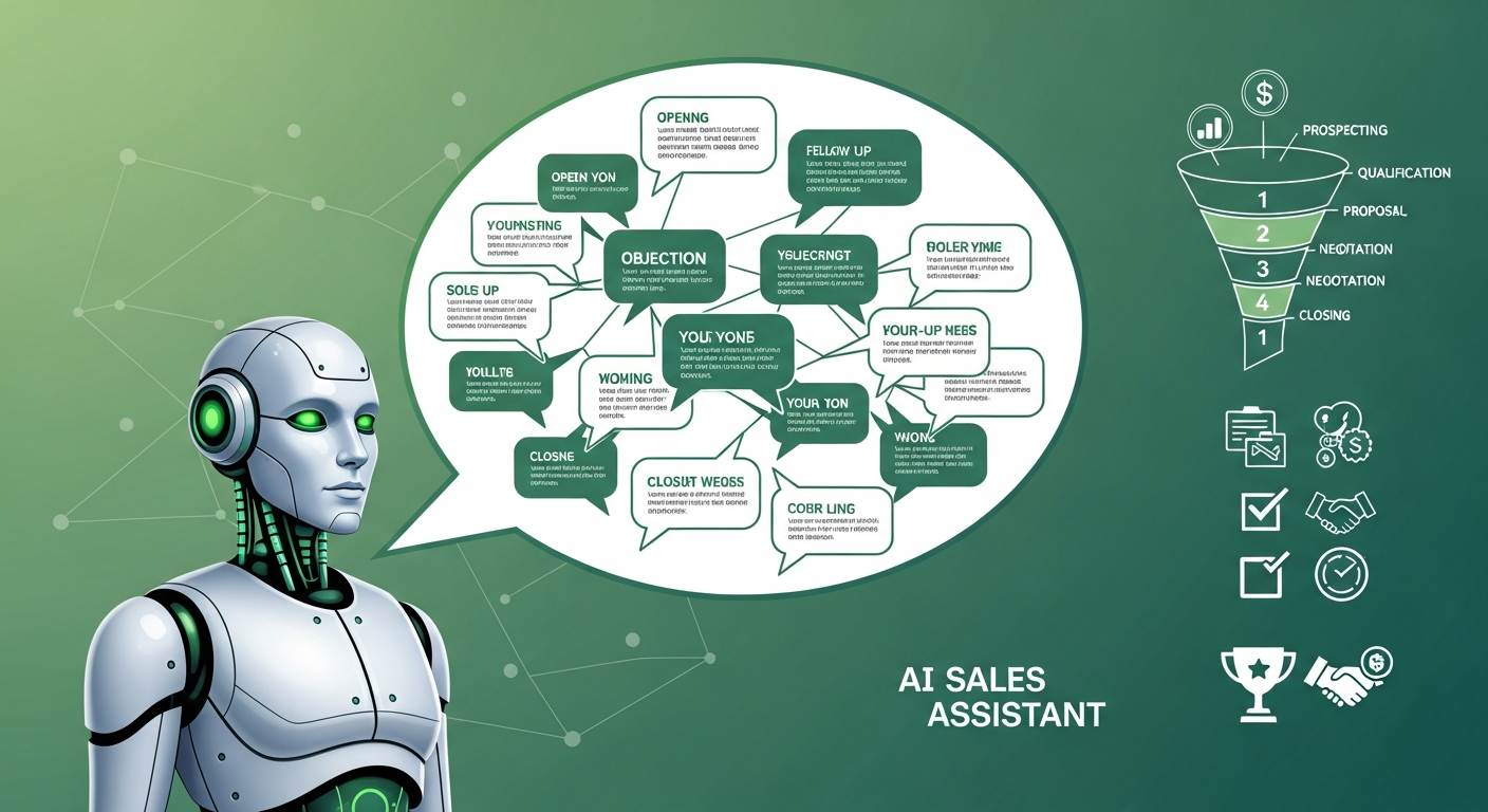 Minh hoạ trợ lý AI: robot bên bóng thoại chứa nhiều thẻ kịch bản bán hàng, cạnh phễu bán hàng năm bước