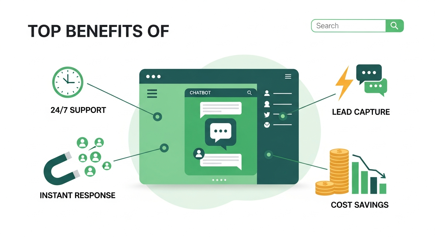 Illustration of a website chatbot window labelled with four benefits: 24/7 support, instant response, lead capture and cost savings