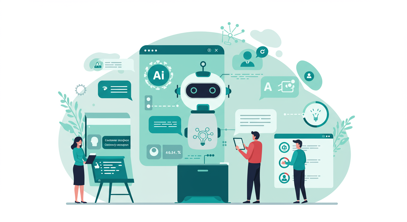 Minh hoạ chatbot AI đặt giữa cửa sổ trình duyệt, quanh đó ba nhân viên đang xem hội thoại và bảng thông tin khách