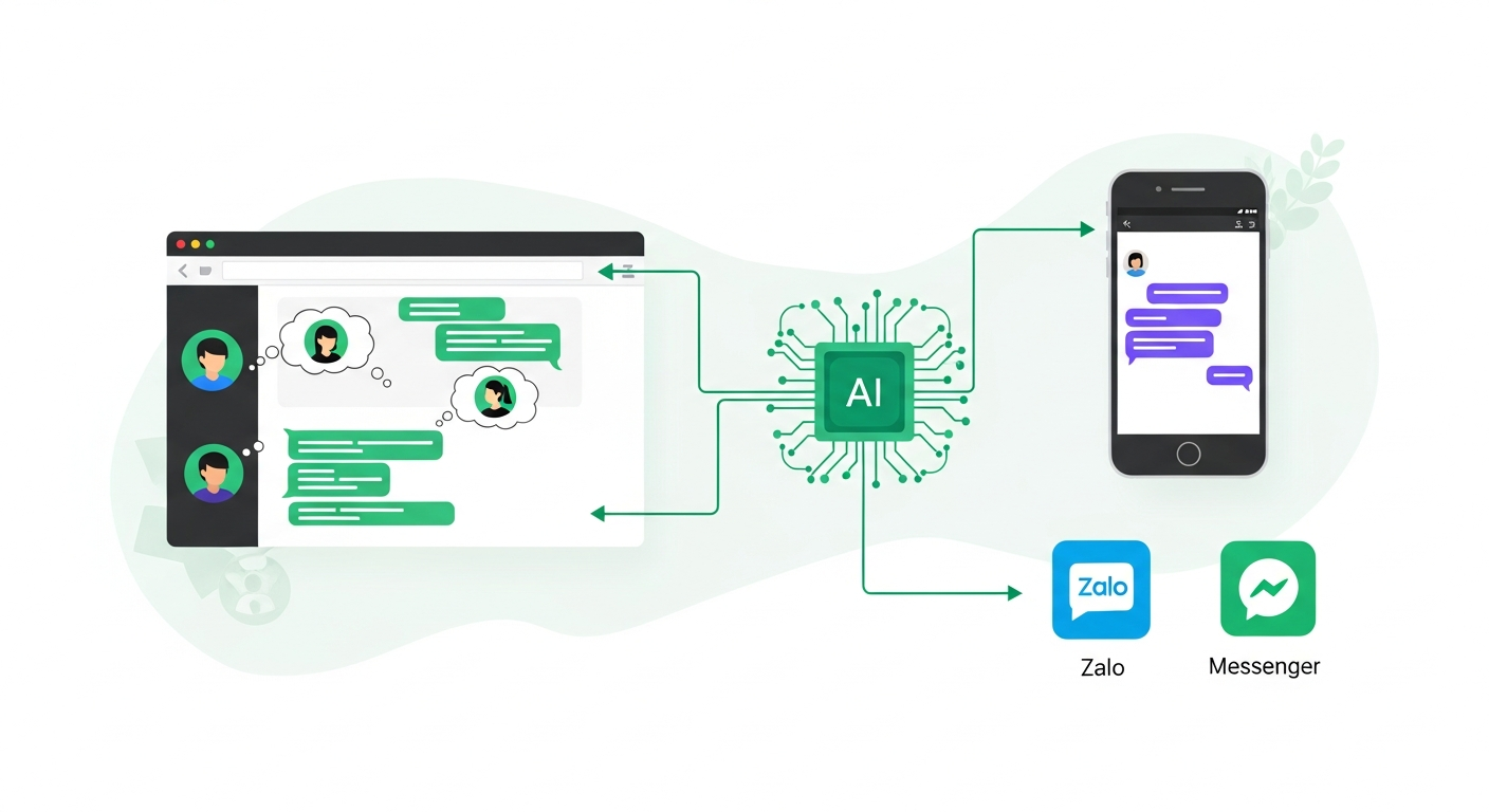 Illustration of an AI chip linking a website chat window to a phone conversation and to Zalo and Messenger