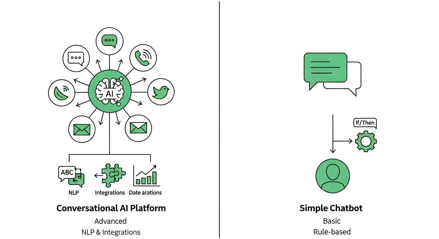 Side-by-side comparison of a conversational AI platform with many connected channels against a simple rule-based chatbot