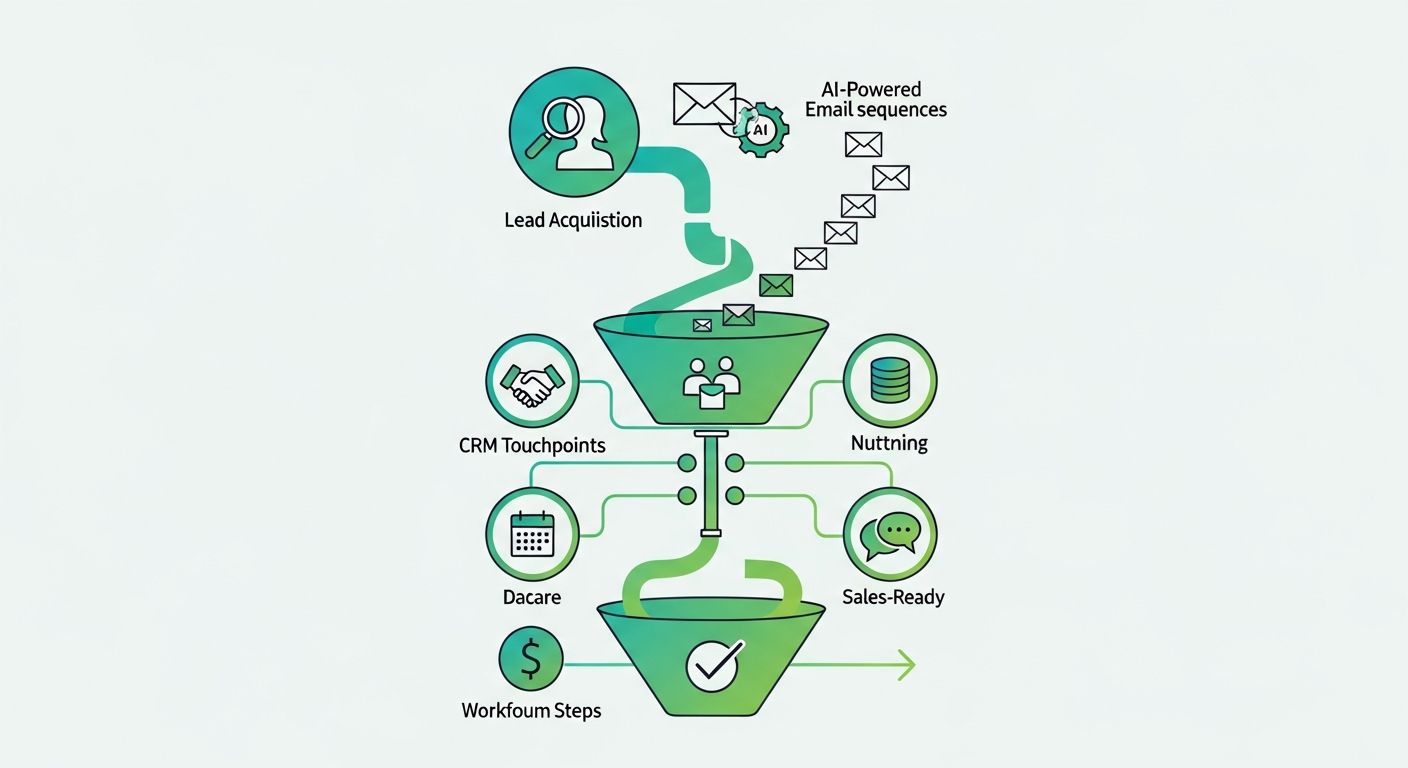 Sơ đồ phễu nuôi dưỡng lead: từ thu thập lead qua chuỗi email tự động và điểm chạm CRM tới nhóm sẵn sàng bàn giao Sales