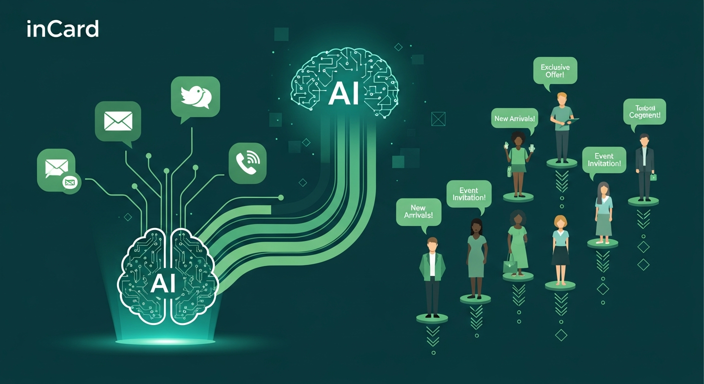 Minh hoạ cá nhân hoá bằng AI: hai bộ não AI nối tới các kênh email và mạng xã hội, gửi thông điệp riêng cho từng nhóm khách