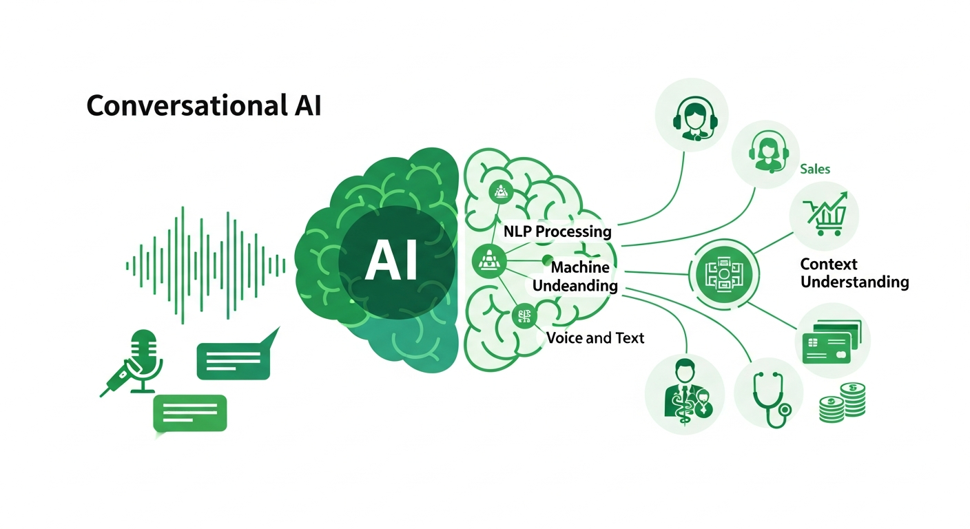 Illustration of a voice waveform feeding an AI brain that branches out to support, sales, retail and healthcare icons
