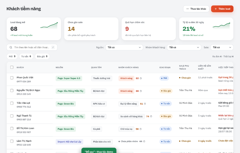 The leads list in InCard Mini CRM