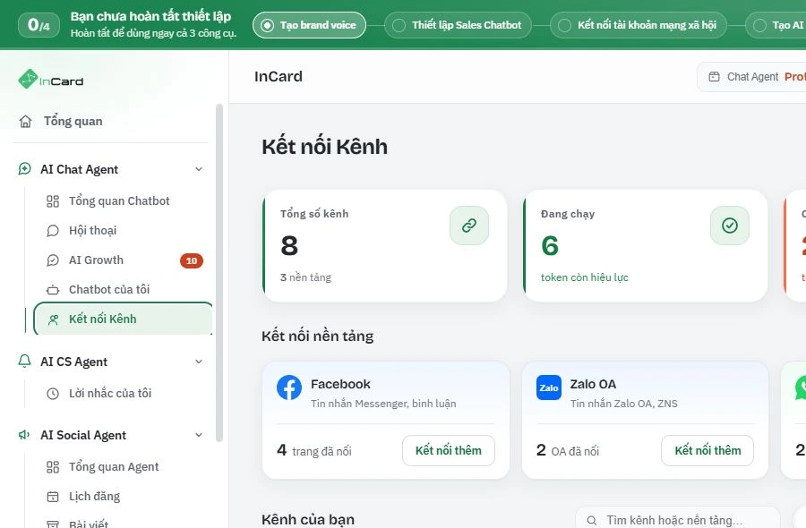 Giao diện Kết nối Kênh của AI Chat Agent ở Light mode: 8 kênh trên 3 nền tảng, 6 token còn hiệu lực, cùng thẻ kết nối Facebook, Zalo OA và WhatsApp.