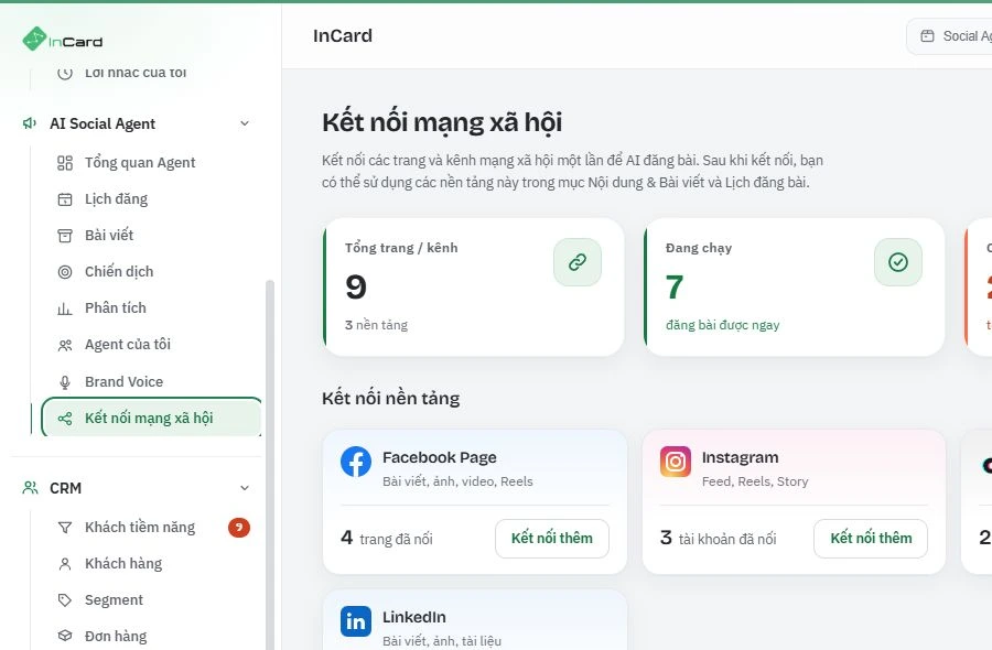 Giao diện Kết nối mạng xã hội của InCard ở Light mode: 9 trang trên 3 nền tảng, 7 kênh đang chạy, và thẻ kết nối cho Facebook Page, Instagram, LinkedIn.