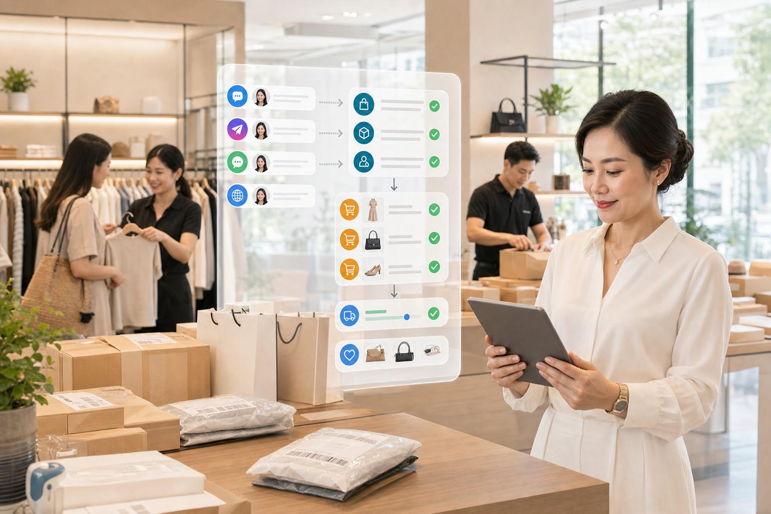 Nhân viên cửa hàng bán lẻ tư vấn khách và đóng gói đơn hàng tại quầy