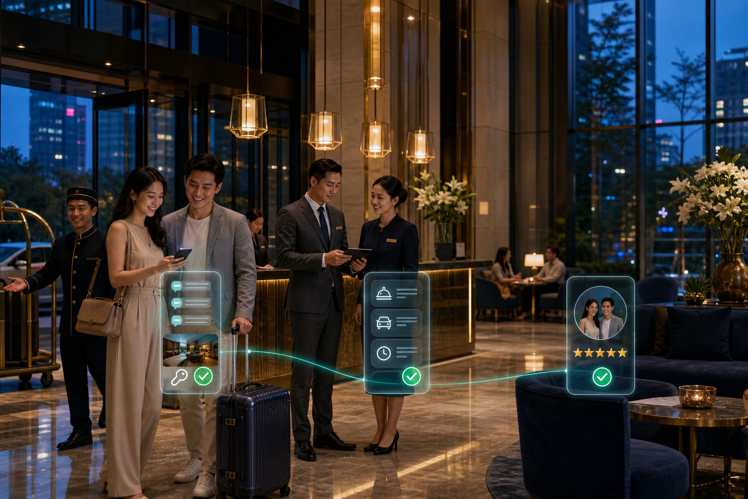 Nhân viên lễ tân khách sạn đón và hỗ trợ khách tại quầy