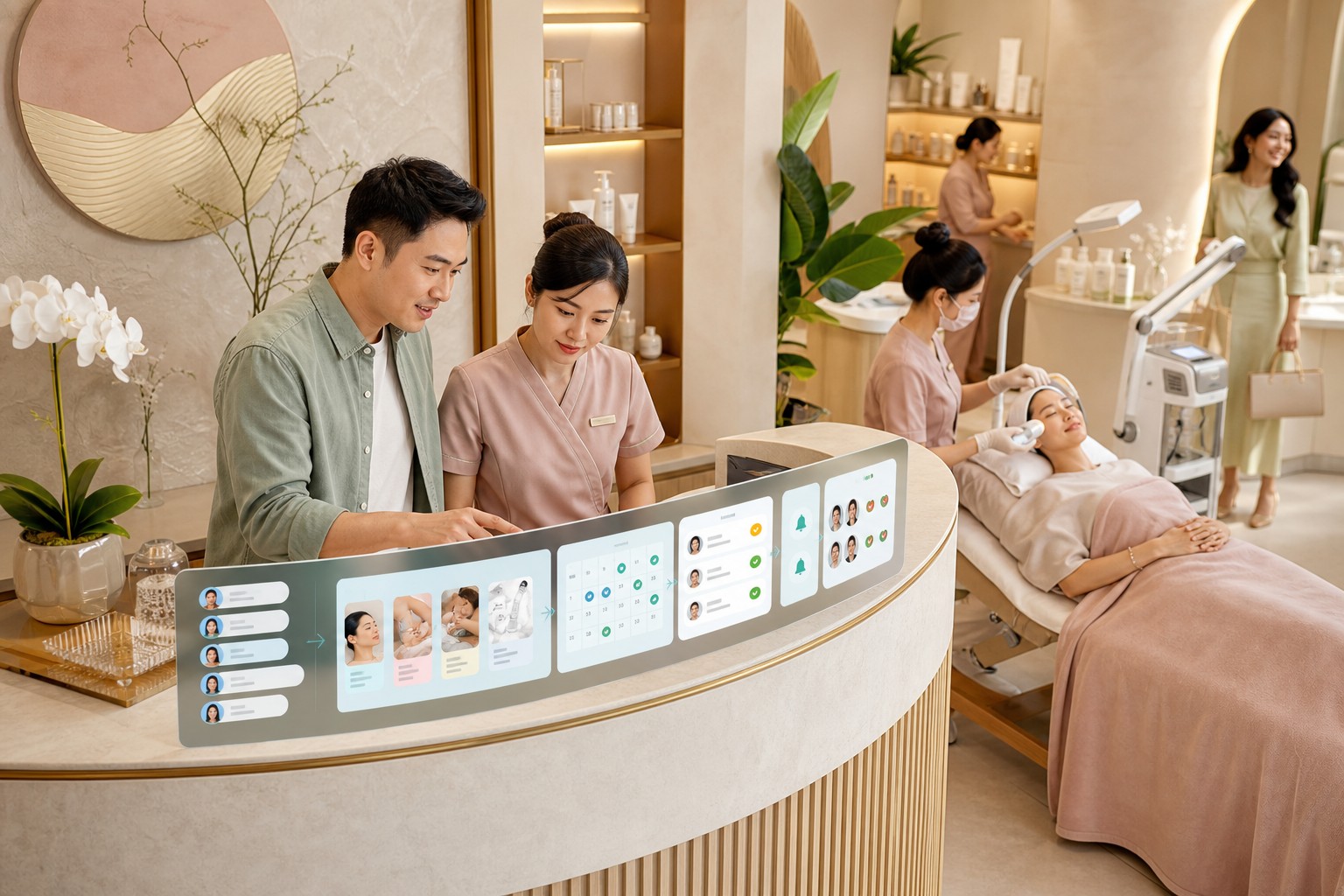 Kỹ thuật viên đang chăm sóc da cho khách tại spa
