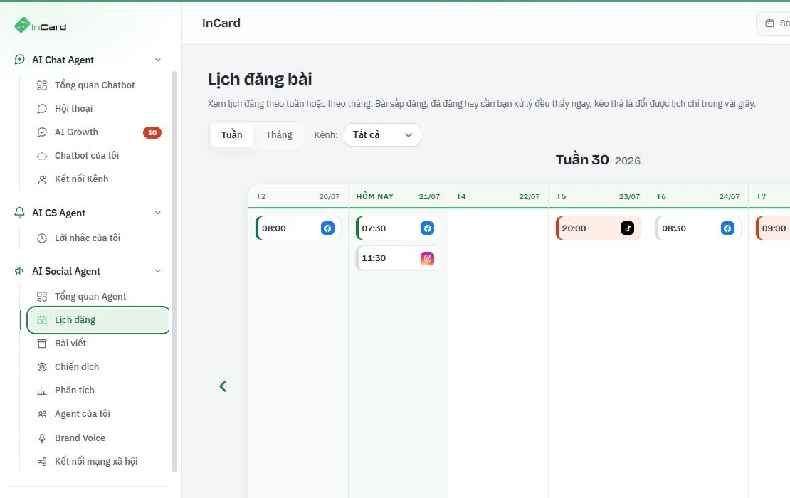 Lịch đăng bài đa kênh của AI Social Agent ở Light mode: chế độ xem theo tuần, bộ lọc kênh và các bài đã lên lịch theo từng ngày.