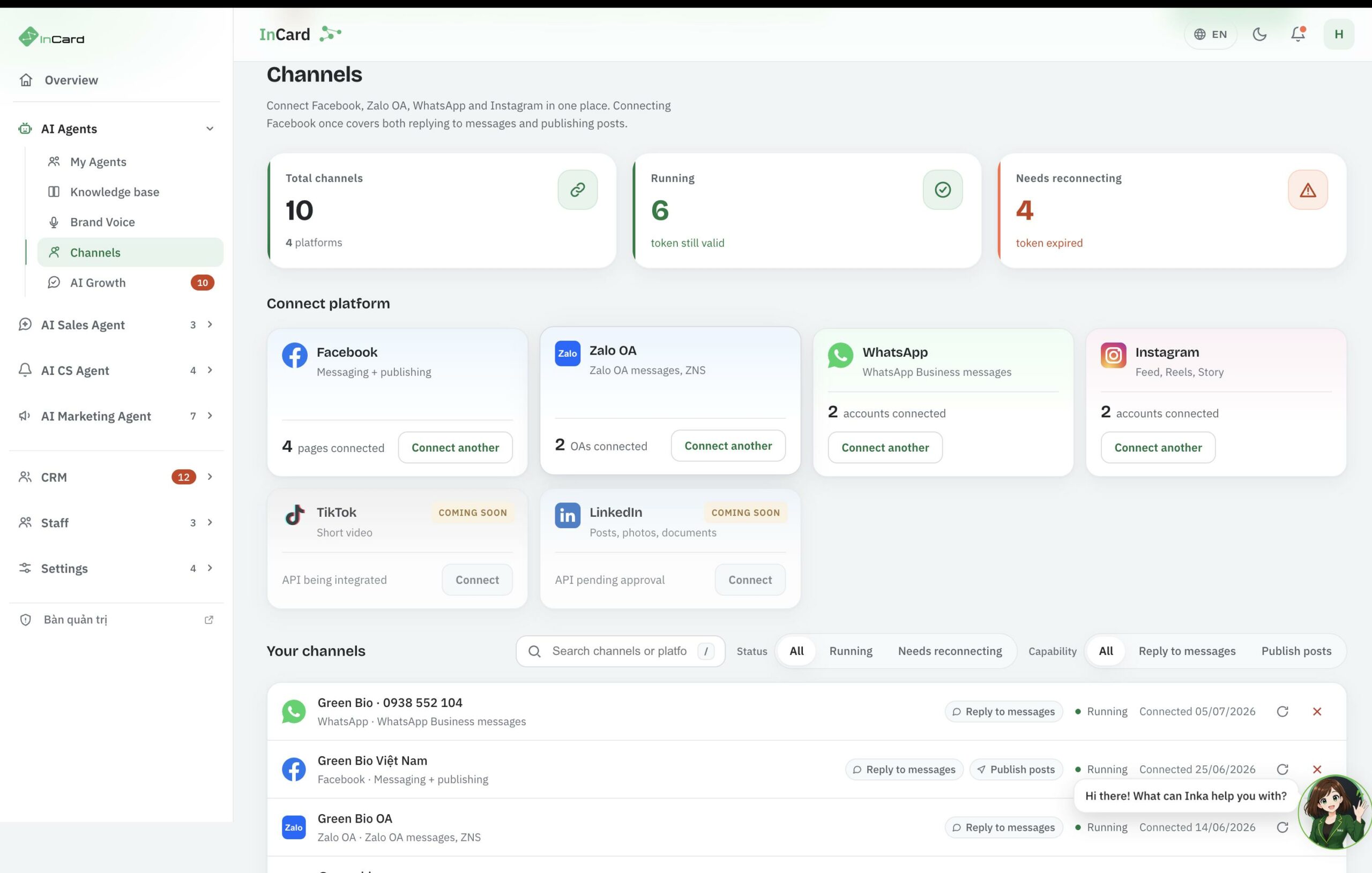 Kênh kết nối — Facebook, Zalo OA, WhatsApp và Instagram gom về một chỗ, thấy ngay kênh nào cần nối lại.