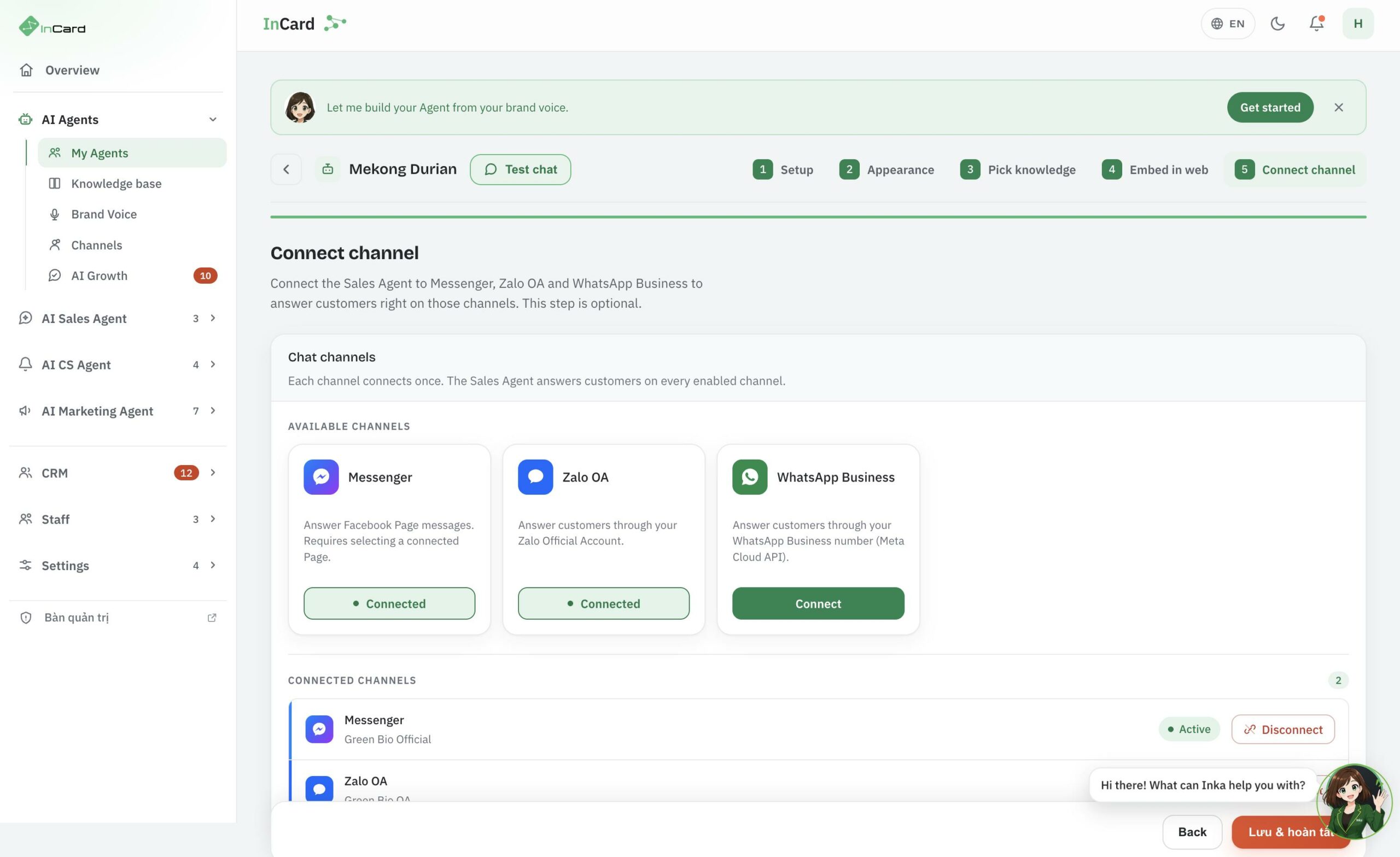 Kết nối kênh — Messenger, Zalo OA và WhatsApp Business — bật kênh nào bot trả lời kênh đó.