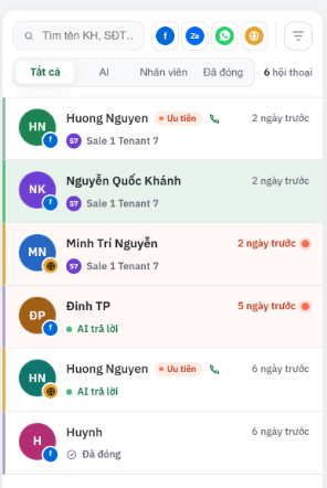 Danh sách hội thoại của InCard: các kênh Facebook, Zalo, WhatsApp gom về một chỗ, mỗi hội thoại ghi rõ do AI hay nhân viên trả lời.
