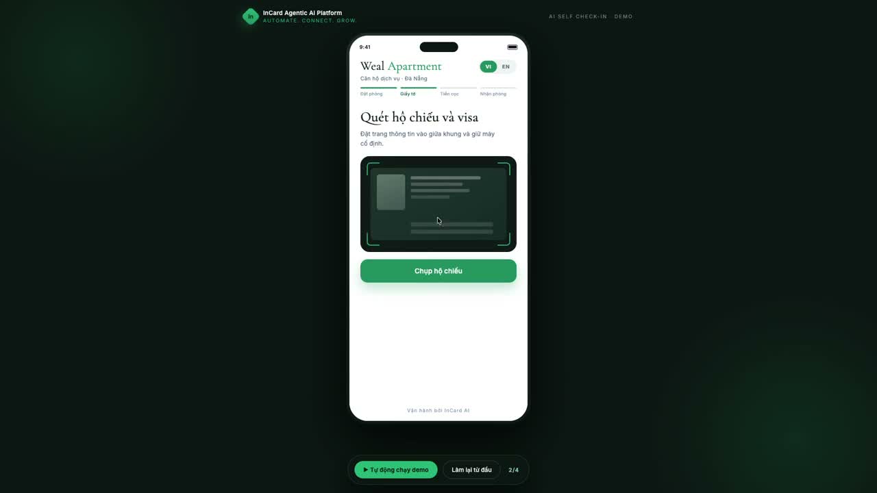 Màn hình quét hộ chiếu trong luồng AI self check-in của Weal Apartment