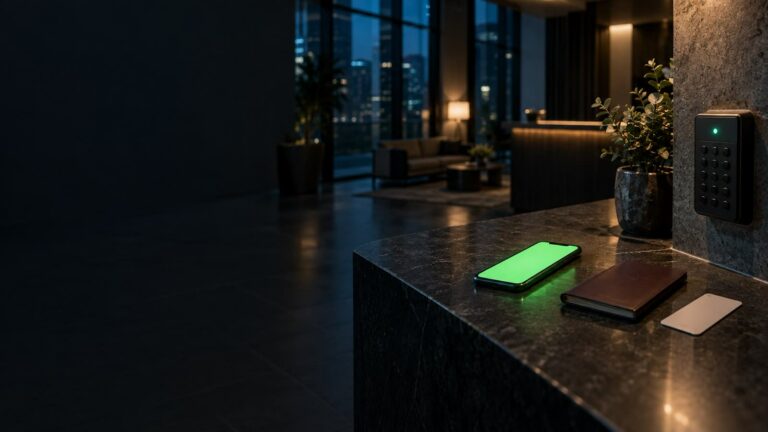 A smartphone with a green glowing screen lies on a dark stone reception counter at night beside a passport and a keycard, with a numeric code lockbox on the wall