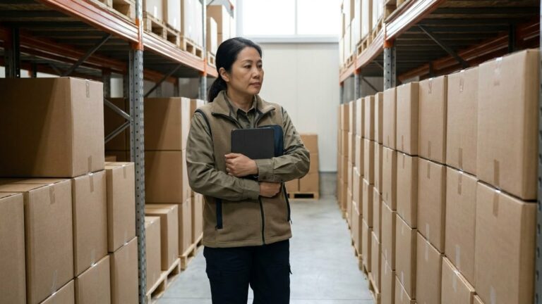 Nữ quản lý kho ôm máy tính bảng đứng giữa lối đi, hai bên là dãy kệ chất đầy thùng carton