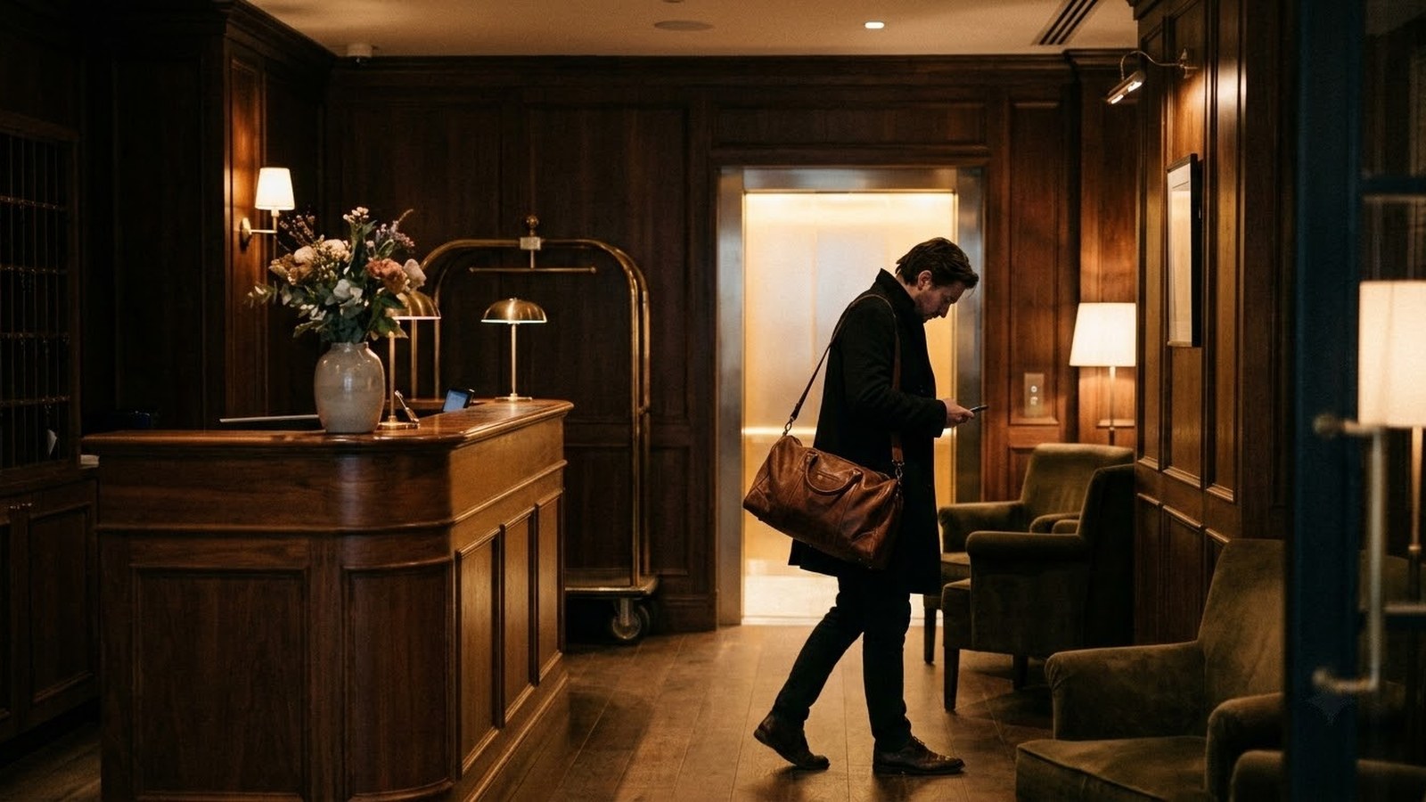 Boutique hotel lobby at dusk, the front desk unattended, a guest walking straight to the lift