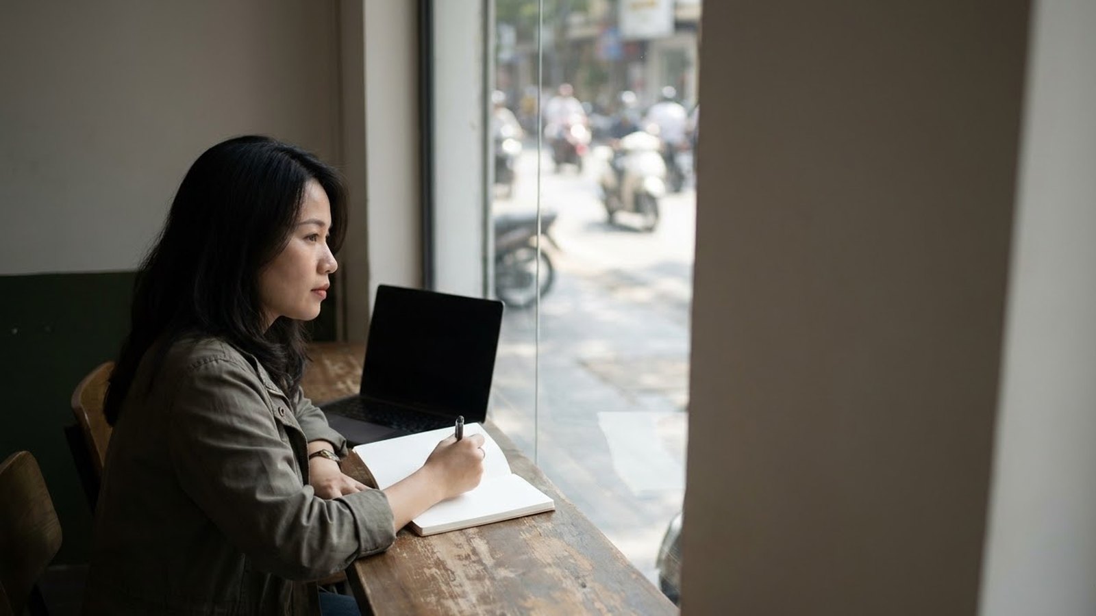 Người phụ nữ ngồi quầy cửa sổ quán cà phê, máy tính xách tay mở và cuốn sổ trước mặt, đường phố mờ ngoài kính
