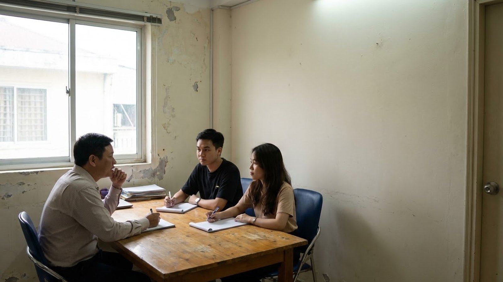 Người quản lý ngồi cùng hai nhân viên quanh chiếc bàn gỗ trong phòng làm việc giản dị, giấy tờ đặt trước mặt