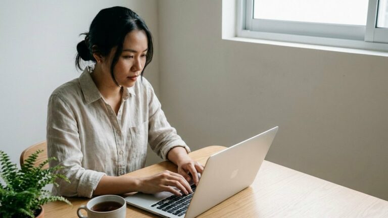 Người phụ nữ ngồi gõ máy tính xách tay bên cửa sổ sáng, tách cà phê và chậu cây nhỏ đặt cạnh