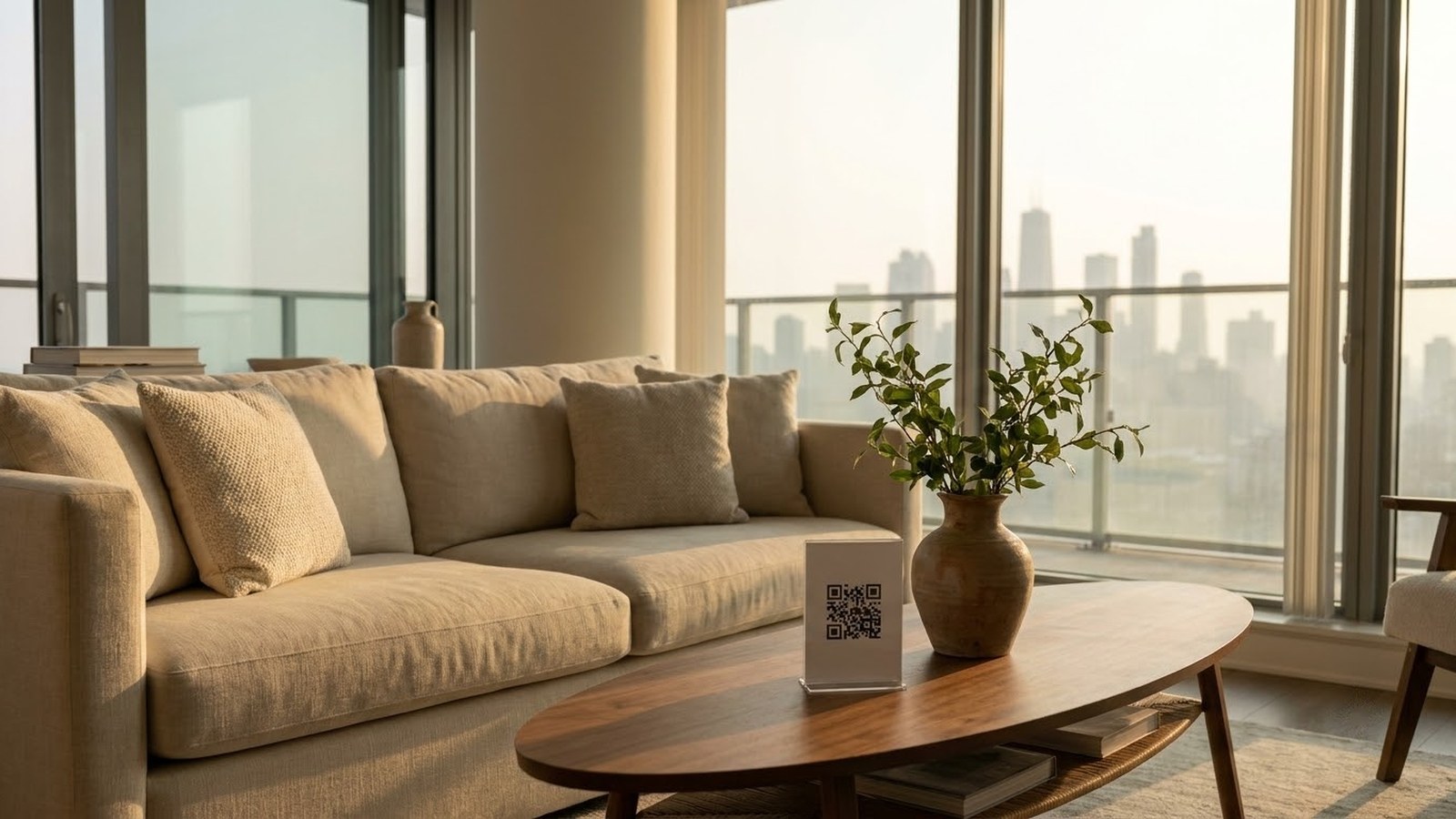 The living room of a serviced apartment overlooking the city, a QR code on the coffee table