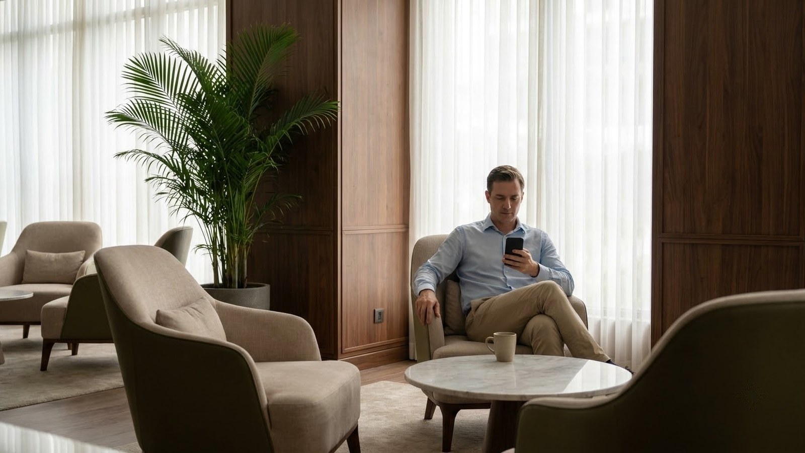 The lounge of a premium serviced apartment, an international guest reading a phone in an armchair by a large window