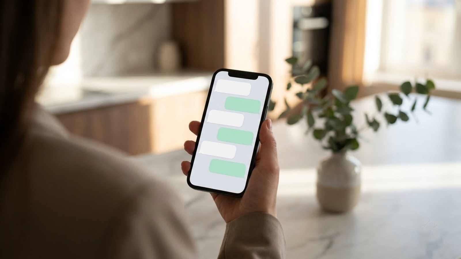Close-up of hands holding a phone open on a chat with the assistant in a bright apartment