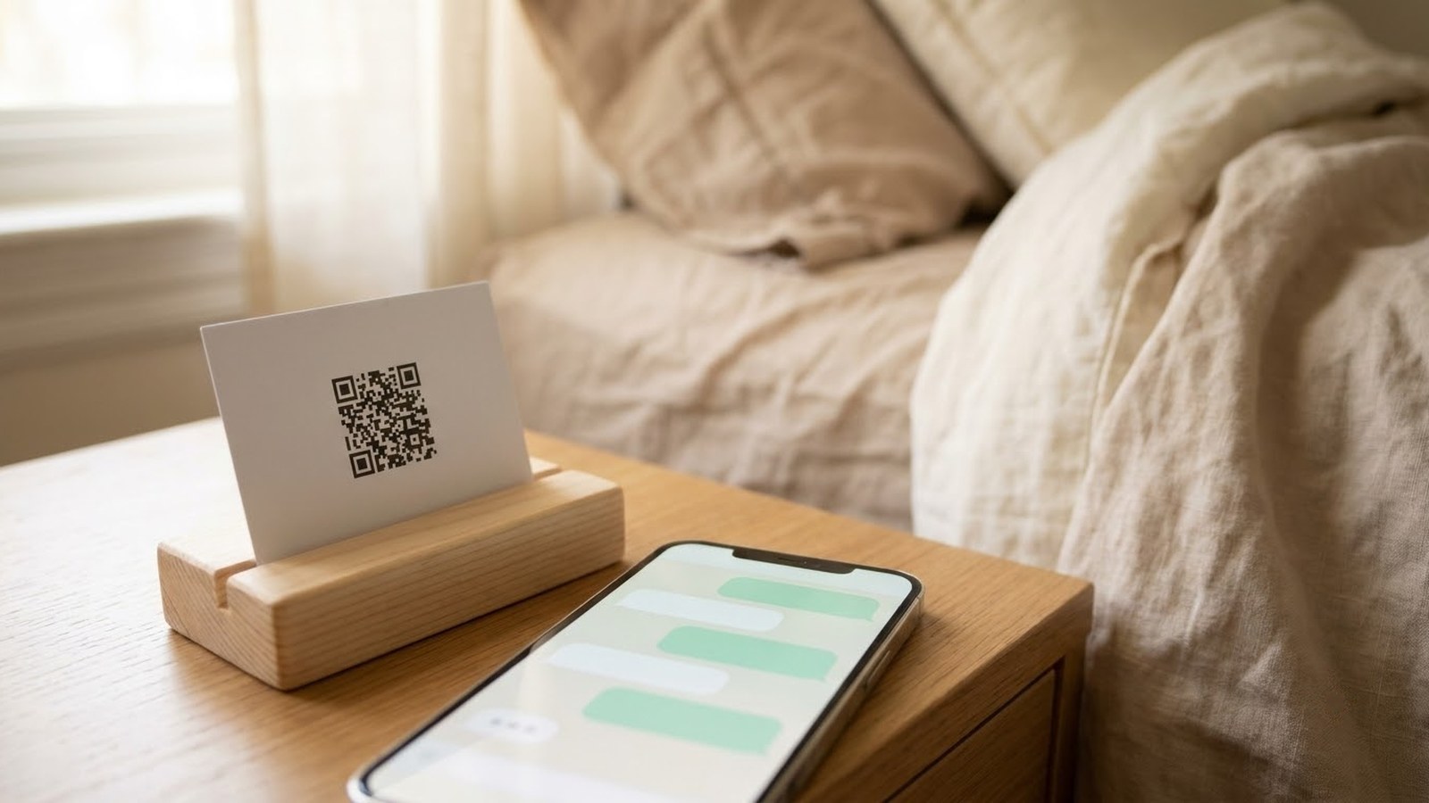 Mã QR đặt trên bàn đầu giường và điện thoại đang mở cửa sổ trò chuyện với trợ lý
