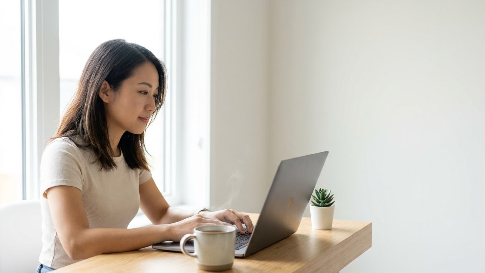 Người phụ nữ trẻ ngồi bên bàn gỗ sáng gõ máy tính xách tay, cốc sứ và chậu cây nhỏ đặt cạnh, tường trắng phía sau