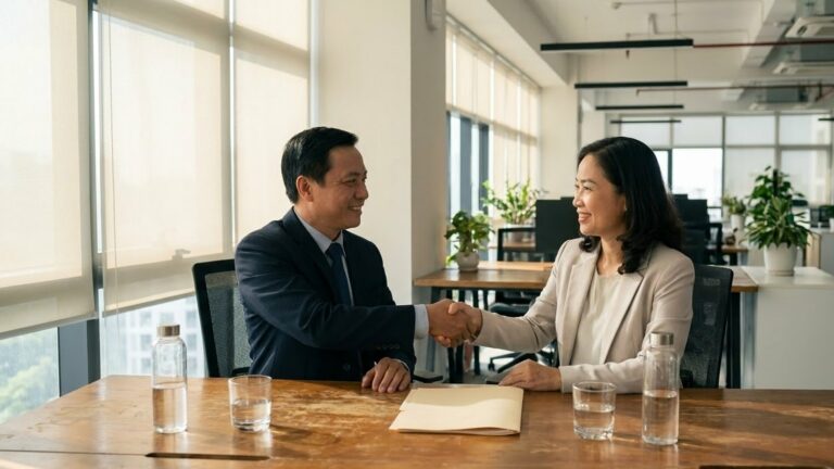 Người đàn ông mặc vest và người phụ nữ mặc áo khoác sáng bắt tay qua bàn họp gỗ, cặp tài liệu và hai ly nước trên bàn