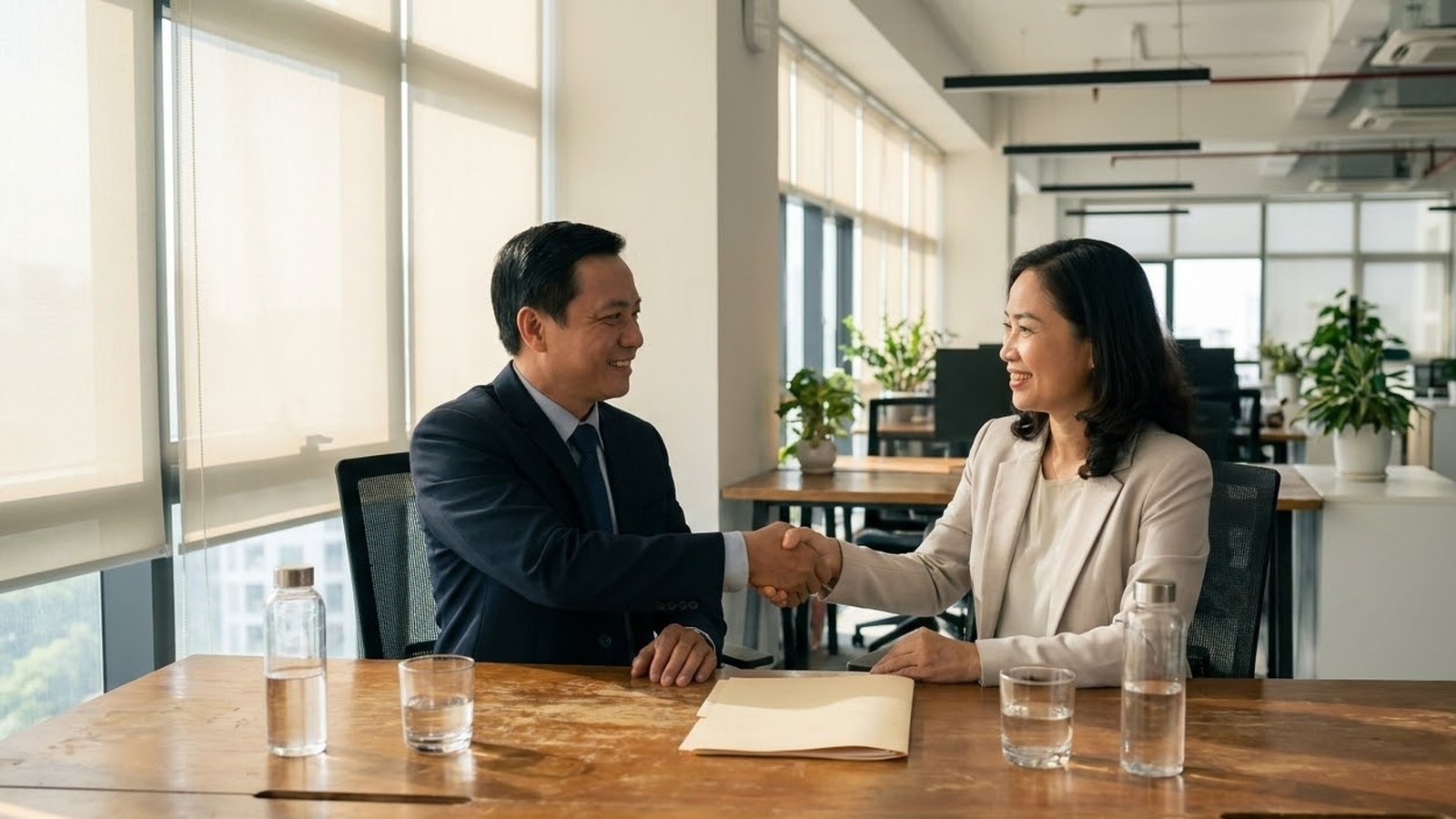 Người đàn ông mặc vest và người phụ nữ mặc áo khoác sáng bắt tay qua bàn họp gỗ, cặp tài liệu và hai ly nước trên bàn