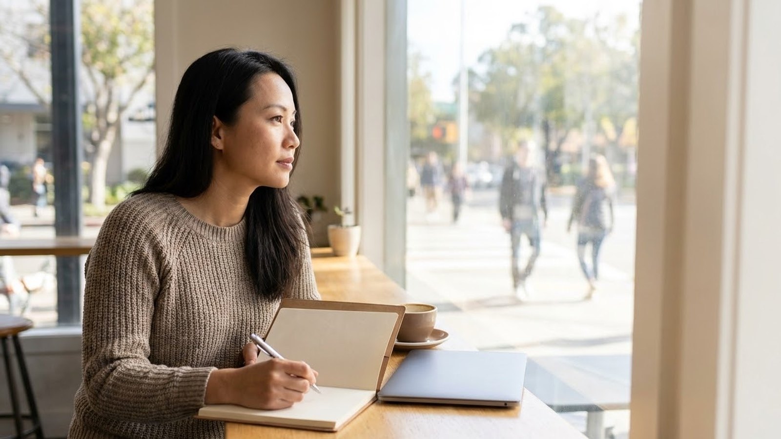 Người phụ nữ ngồi quầy cửa sổ viết vào cuốn sổ mở, máy tính xách tay đóng bên cạnh, đường phố mờ phía ngoài