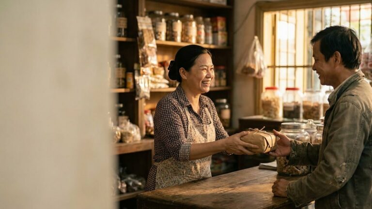 Nữ chủ tiệm tạp hoá mỉm cười trao gói hàng gói giấy nâu qua quầy gỗ cho một khách quen, kệ hàng phía sau mờ trong nắng chiều