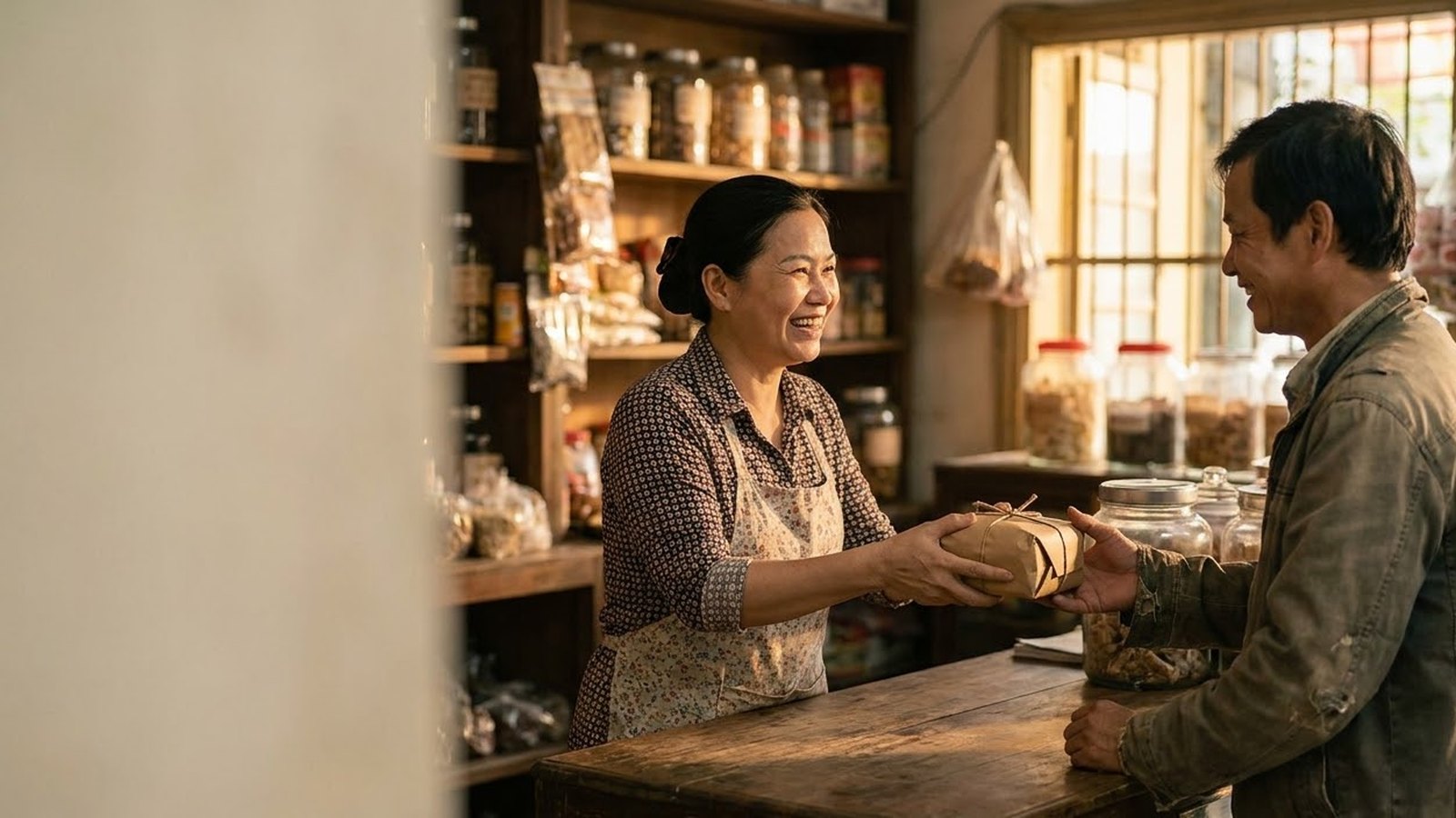 Nữ chủ tiệm tạp hoá mỉm cười trao gói hàng gói giấy nâu qua quầy gỗ cho một khách quen, kệ hàng phía sau mờ trong nắng chiều