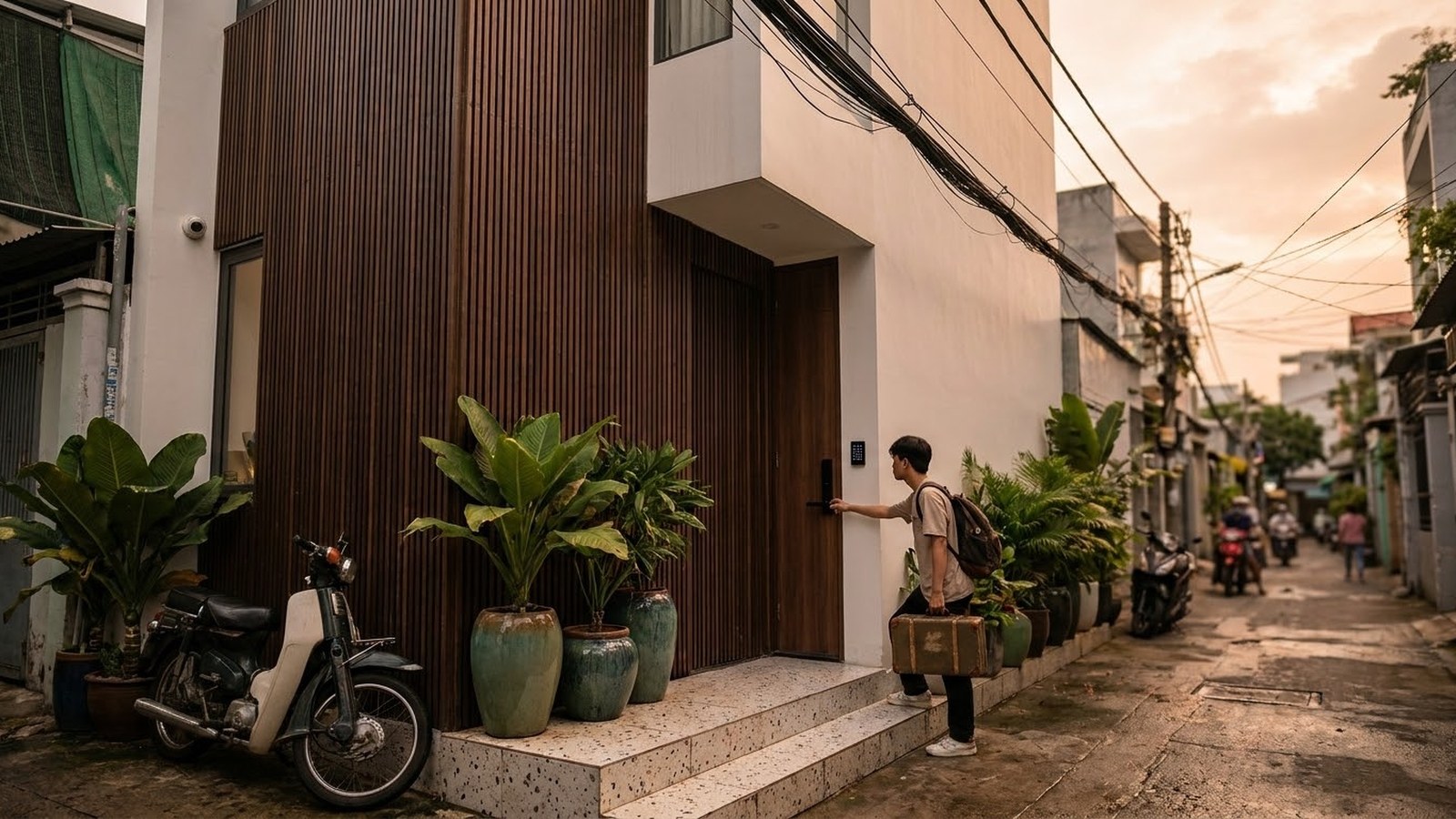 Khách kéo vali đứng trước cửa homestay, tay đưa về phía khoá số gắn trên cửa