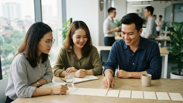 Ba đồng nghiệp ngồi quanh bàn họp cùng xem một hàng thẻ giấy trắng đặt trước mặt, văn phòng sáng phía sau