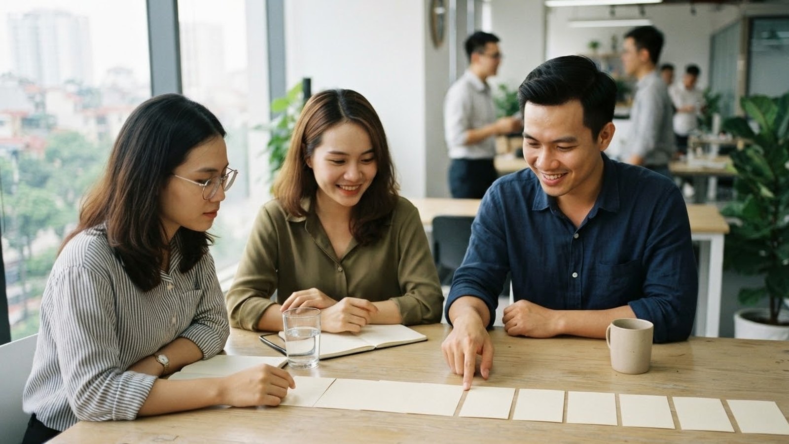 Ba đồng nghiệp ngồi quanh bàn họp cùng xem một hàng thẻ giấy trắng đặt trước mặt, văn phòng sáng phía sau