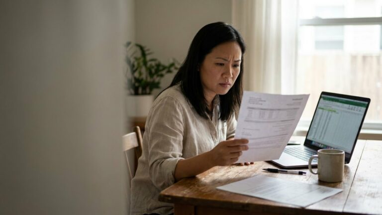 Nữ chủ doanh nghiệp ngồi bàn gỗ trong văn phòng tại nhà, hai tay cầm bản báo giá in đang đọc kỹ, bên cạnh là laptop mở bảng tính và cốc trà
