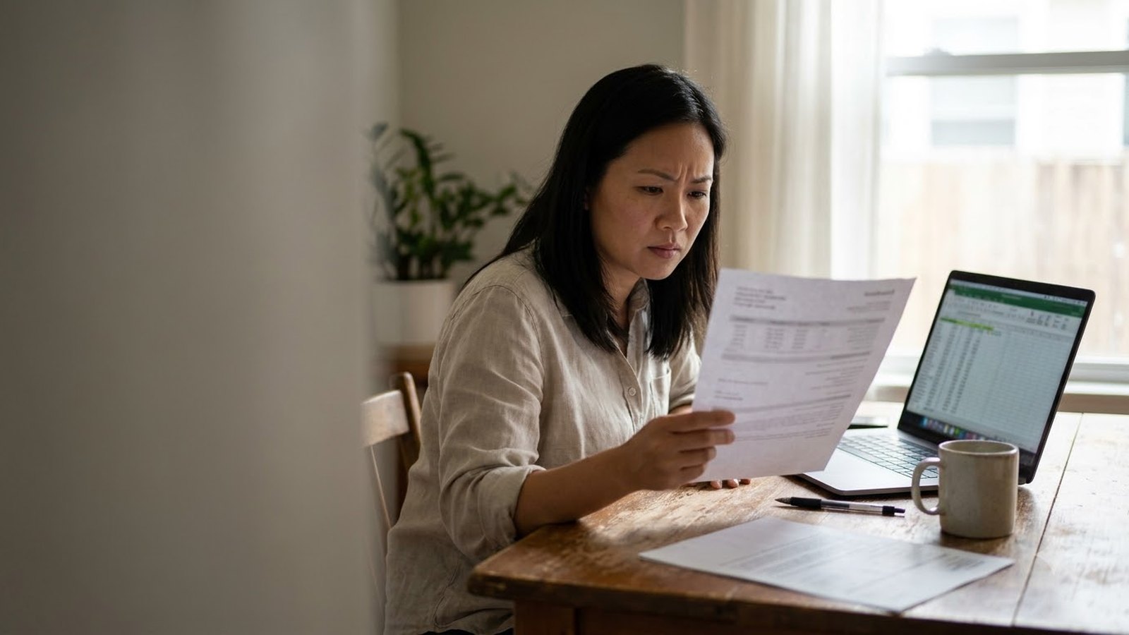 Nữ chủ doanh nghiệp ngồi bàn gỗ trong văn phòng tại nhà, hai tay cầm bản báo giá in đang đọc kỹ, bên cạnh là laptop mở bảng tính và cốc trà