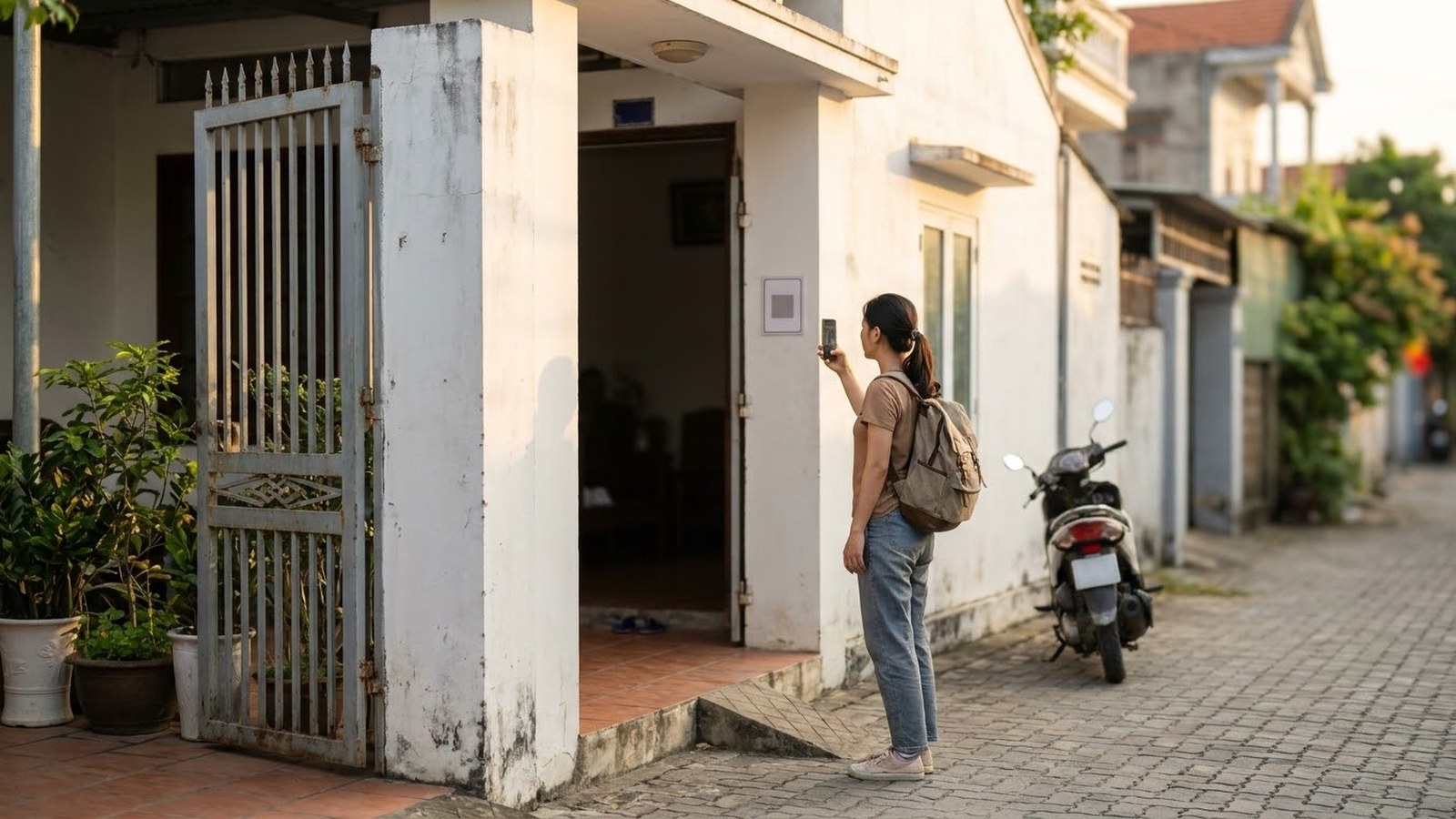 Khách đeo ba lô đứng trước cửa nhà lưu trú, giơ điện thoại về phía mã QR gắn trên tường