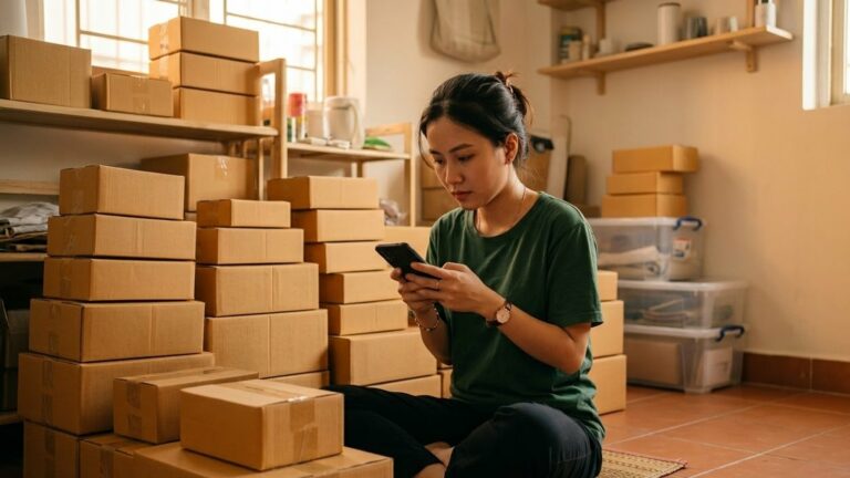 Người bán hàng online ngồi trên sàn giữa những chồng thùng carton, tay cầm điện thoại xem đơn