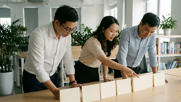 Ba đồng nghiệp cùng cúi xuống bàn gỗ trong văn phòng, sắp một hàng thẻ giấy trắng dựng đứng theo thứ tự