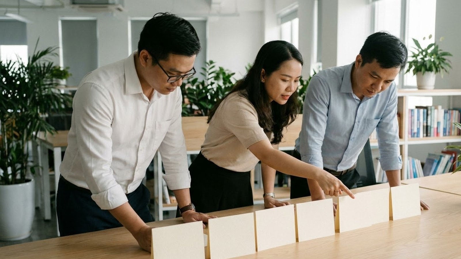 Ba đồng nghiệp cùng cúi xuống bàn gỗ trong văn phòng, sắp một hàng thẻ giấy trắng dựng đứng theo thứ tự
