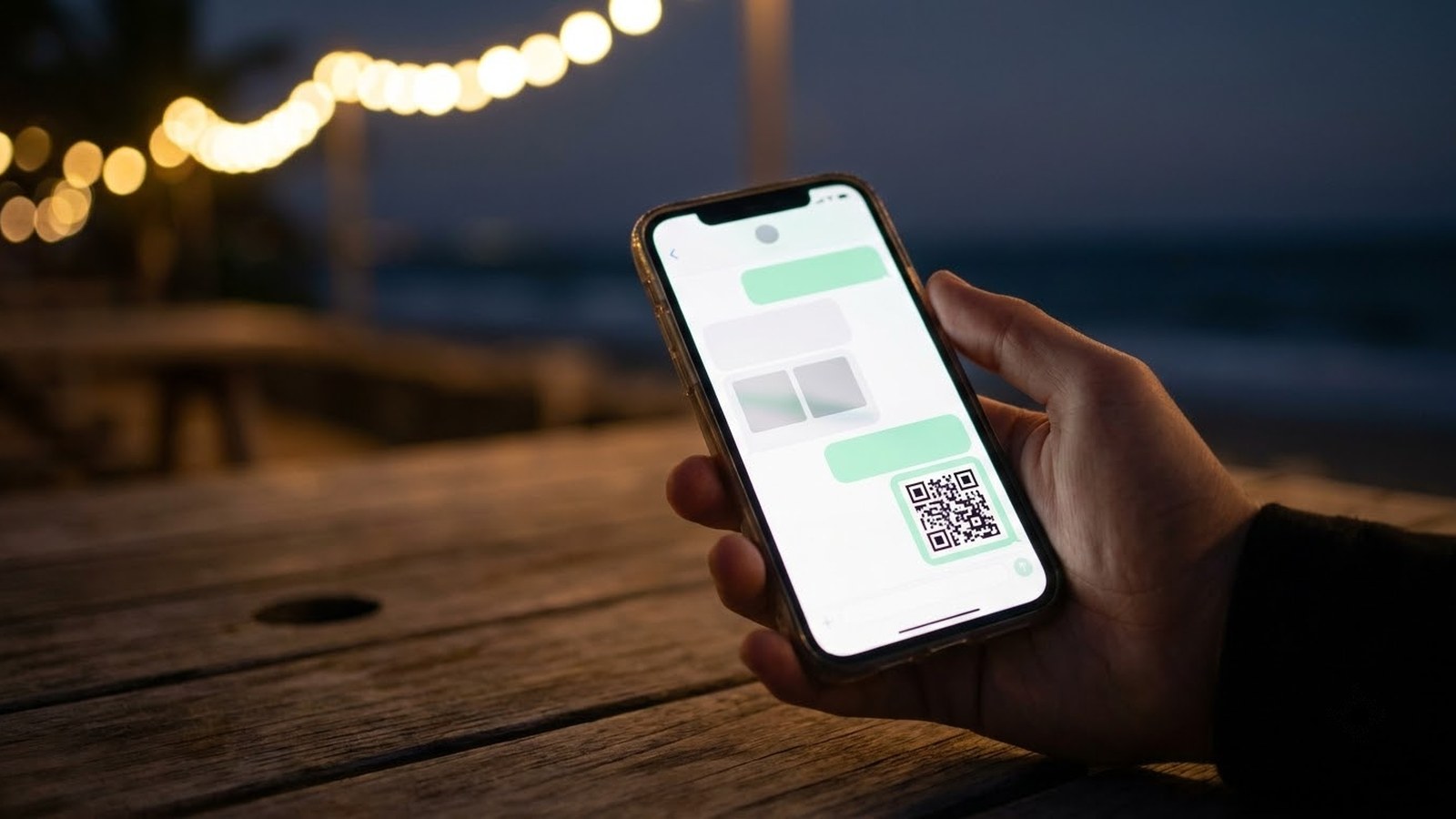 A phone held in the evening, the screen showing a booking conversation with a payment QR code